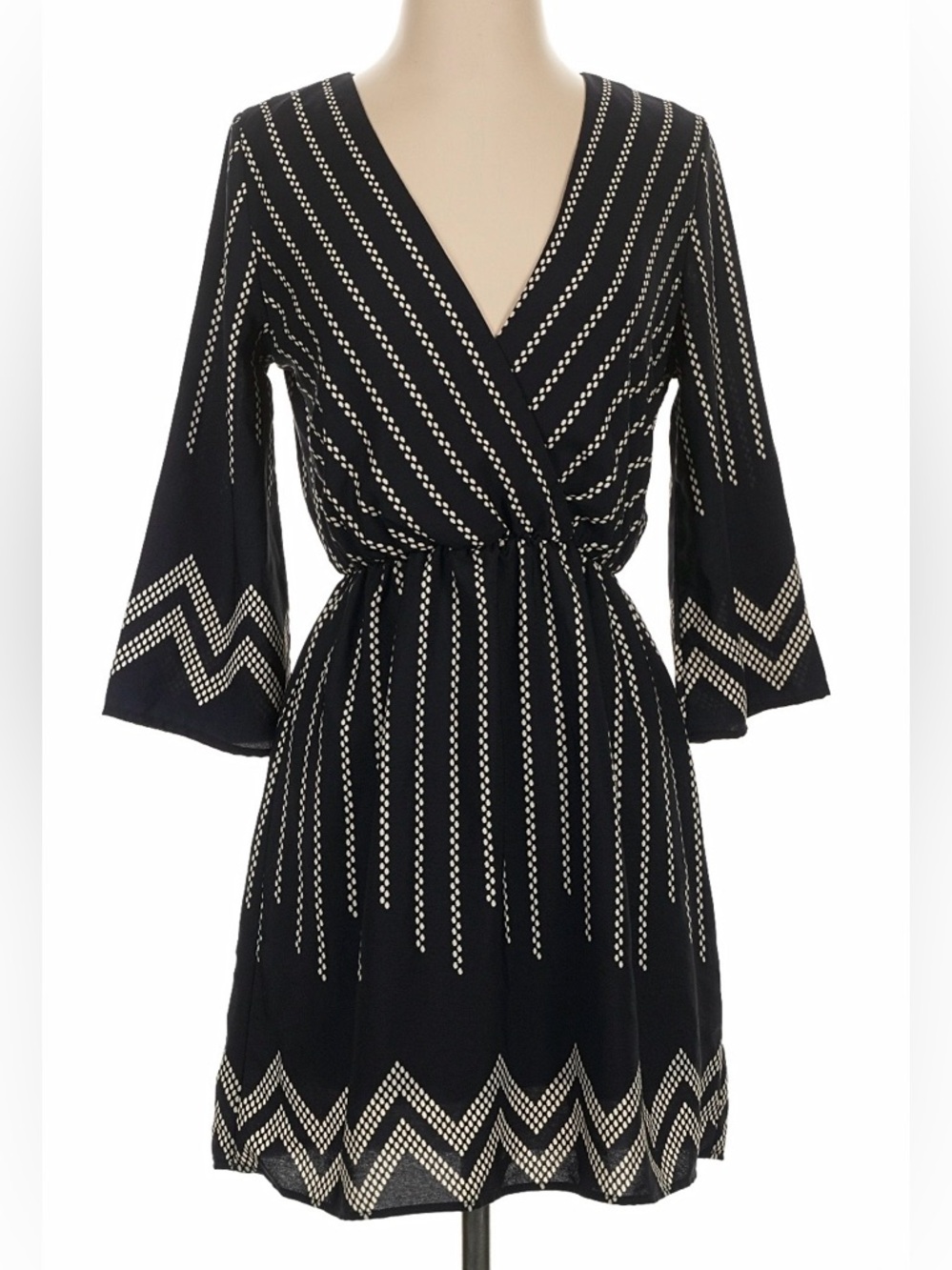 Sleeved V-Neck Dress with Chevron Detail